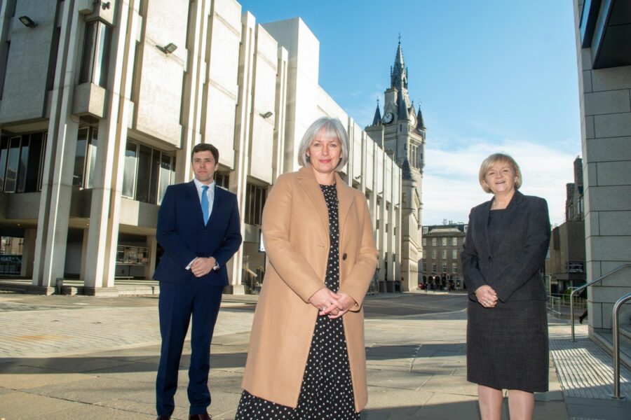 Photograph shows (left to right): Councillor Ryan Houghton, Louise Kingham OBE, and Councillor Jenny Laing